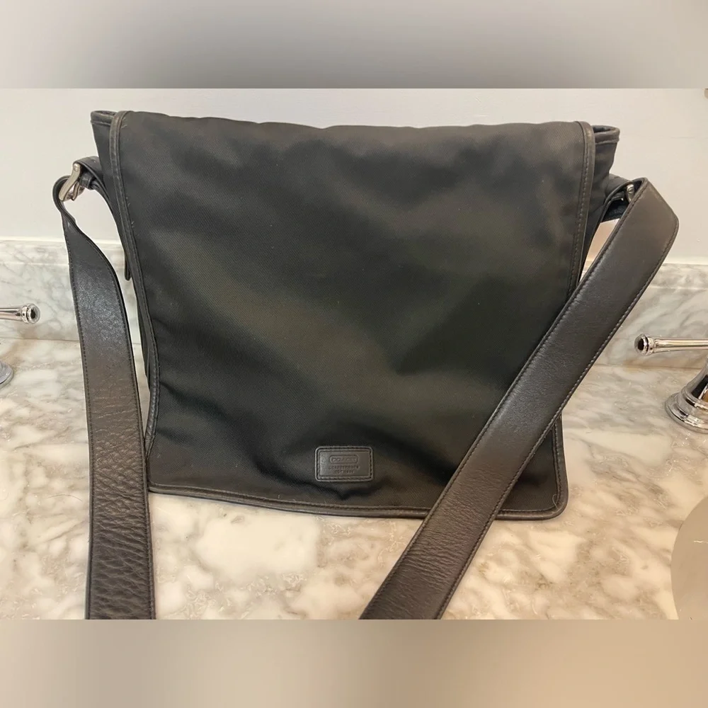 Vintage Coach Black Nylon & Leather Trim Messenger Bag